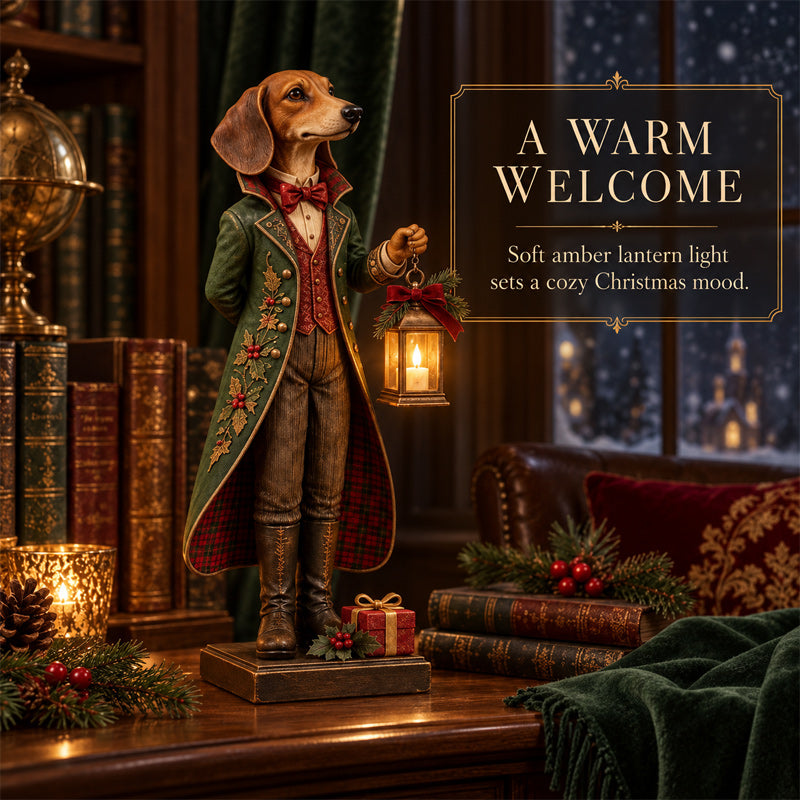 DapperDach™ | Festive Dachshund Figurine with Glowing Lantern