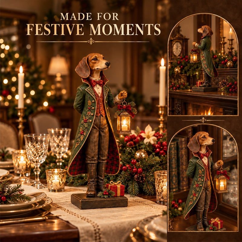 DapperDach™ | Festive Dachshund Figurine with Glowing Lantern