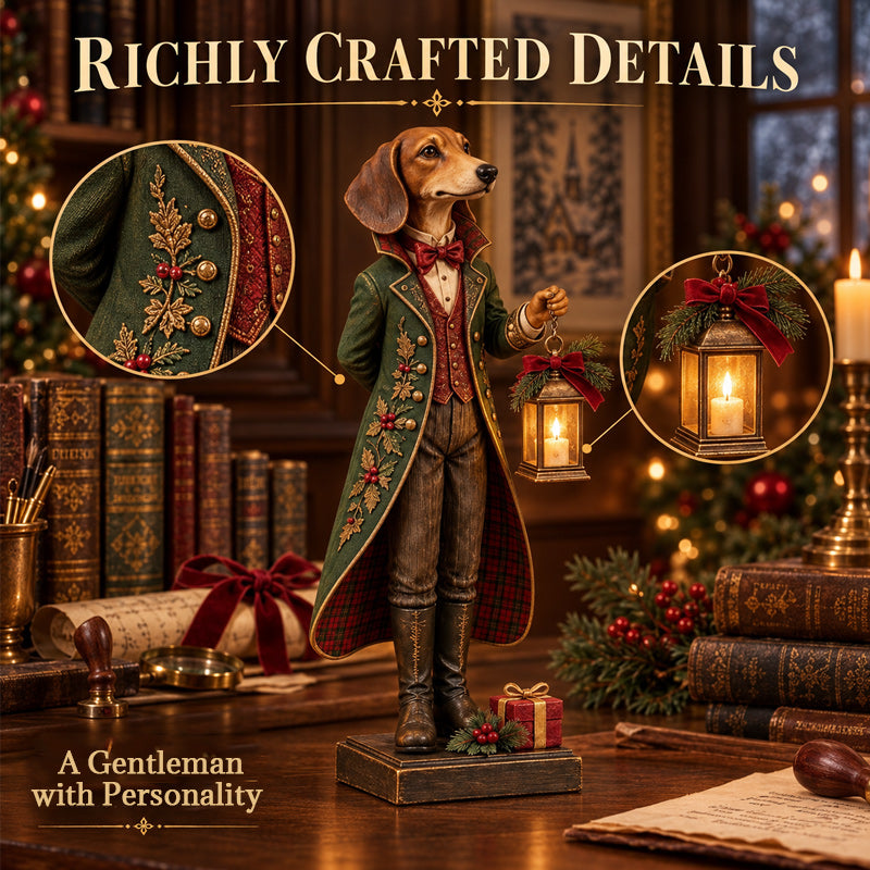 DapperDach™ | Festive Dachshund Figurine with Glowing Lantern