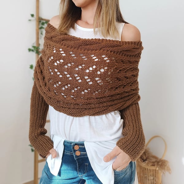CozyDrape™ | Knitted Wrap Scarf with Sleeves