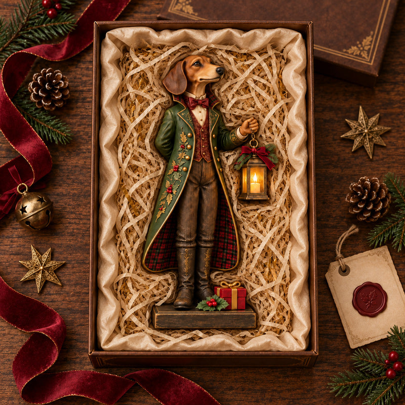 DapperDach™ | Festive Dachshund Figurine with Glowing Lantern