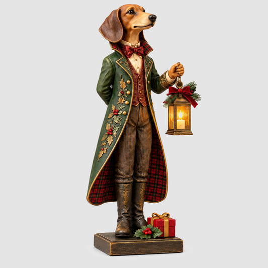 DapperDach™ | Festive Dachshund Figurine with Glowing Lantern