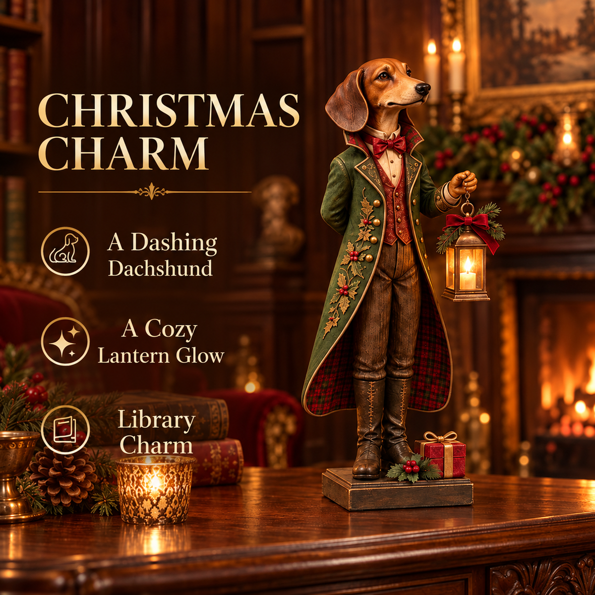 DapperDach™ | Festive Dachshund Figurine with Glowing Lantern