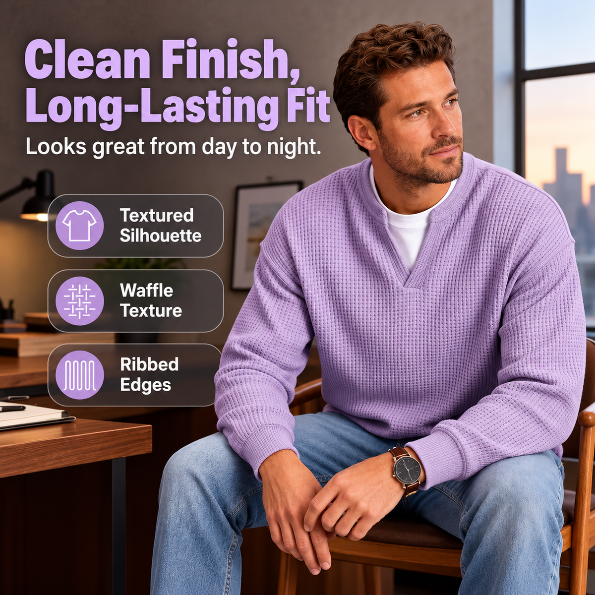 KnitHaven™ | Men's Textured Waffle Knit Long-Sleeve Sweater with Layered Look