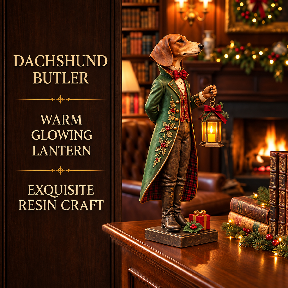 DapperDach™ | Festive Dachshund Figurine with Glowing Lantern