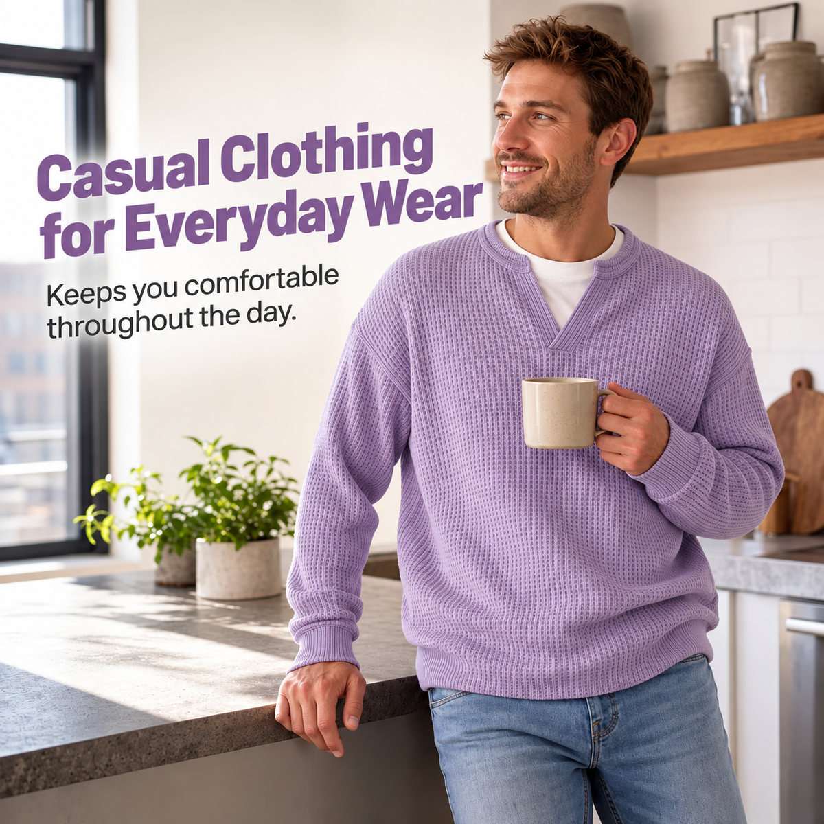 KnitHaven™ | Men's Textured Waffle Knit Long-Sleeve Sweater with Layered Look