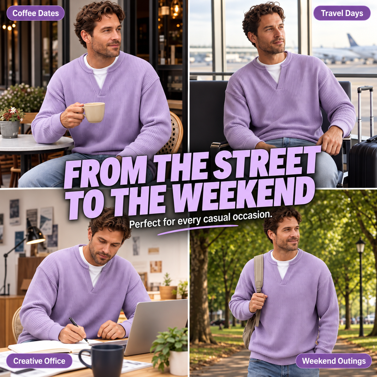 KnitHaven™ | Men's Textured Waffle Knit Long-Sleeve Sweater with Layered Look