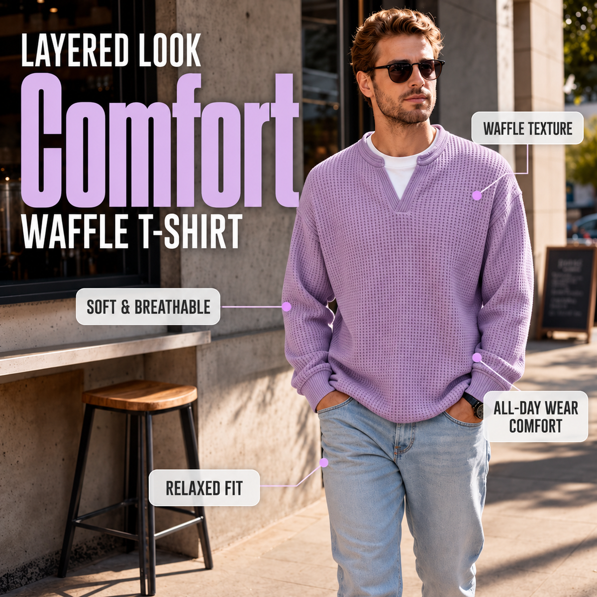 KnitHaven™ | Men's Textured Waffle Knit Long-Sleeve Sweater with Layered Look