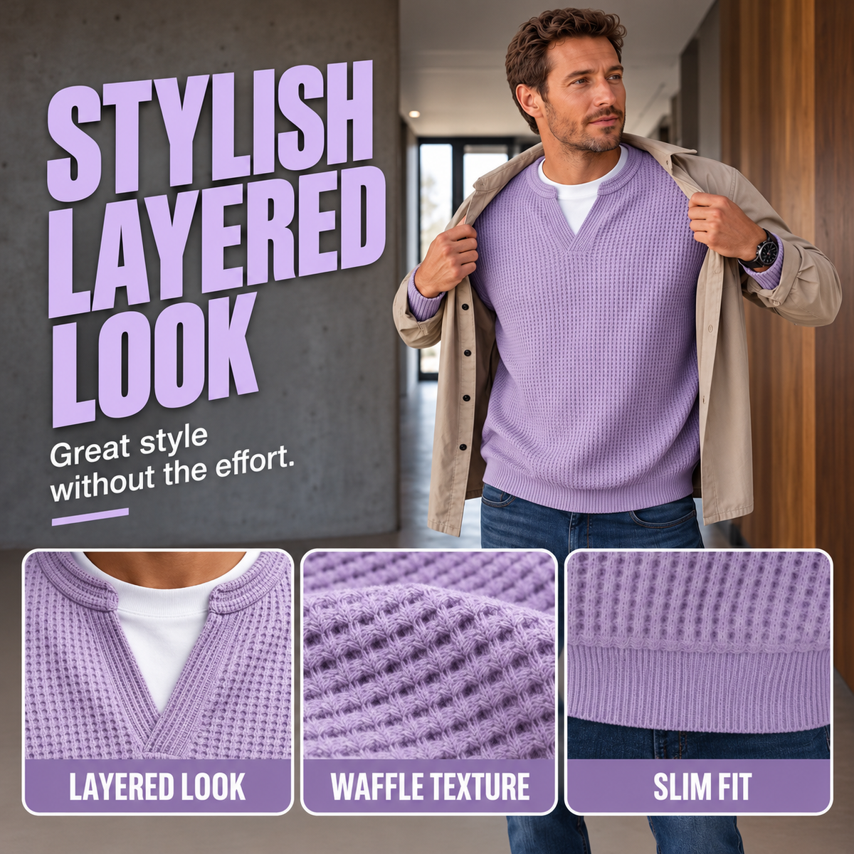KnitHaven™ | Men's Textured Waffle Knit Long-Sleeve Sweater with Layered Look