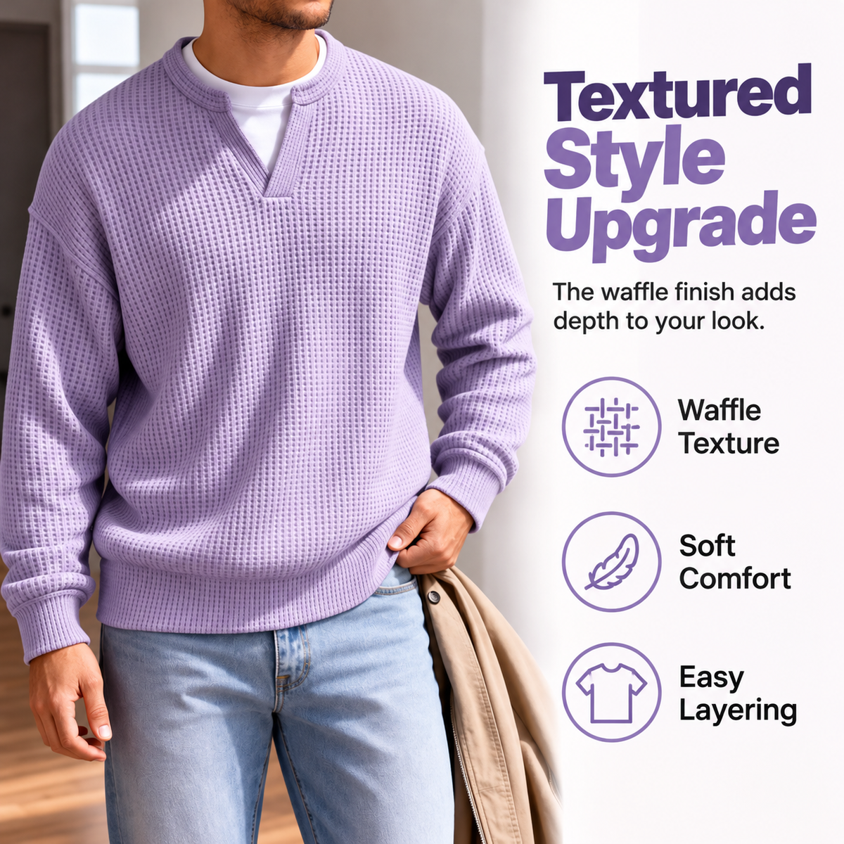 KnitHaven™ | Men's Textured Waffle Knit Long-Sleeve Sweater with Layered Look