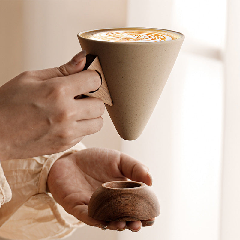OakBrew™ | Rustic Ceramic Coffee Cup with Wooden Handle
